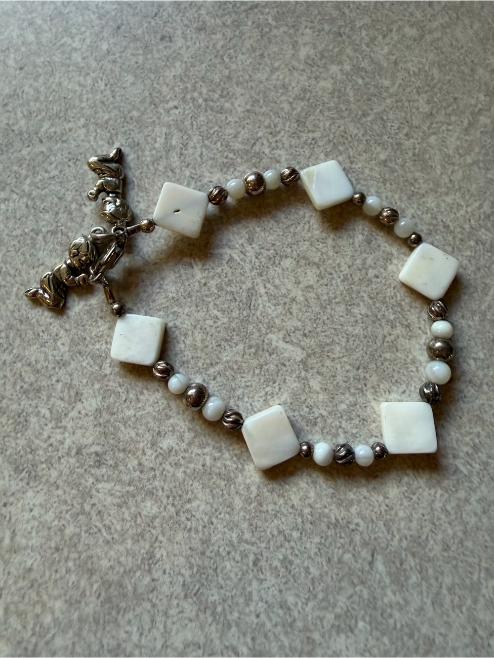 Handcrafted White Bead and Silver Charm Bracelet